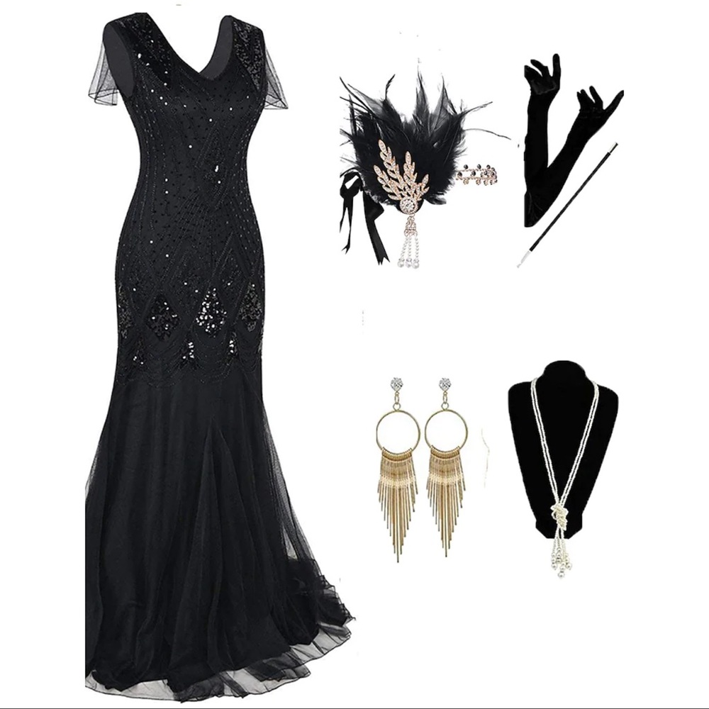 1920s black dress with sequins.